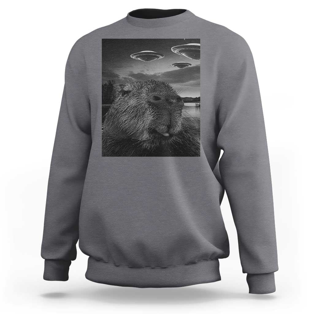 Funny Graphic Capybara Selfie with UFOs Weird Sweatshirt - Wonder Print Shop