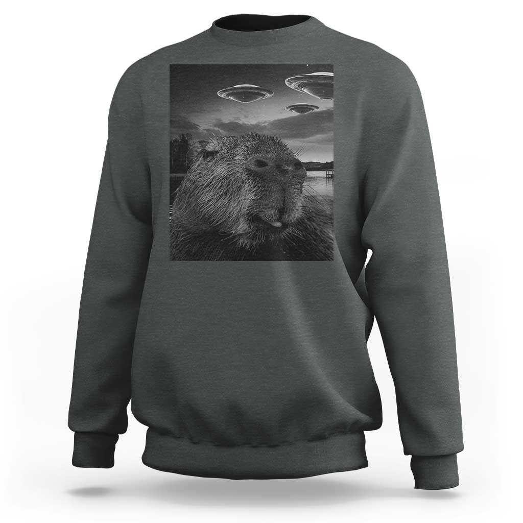 Funny Graphic Capybara Selfie with UFOs Weird Sweatshirt - Wonder Print Shop