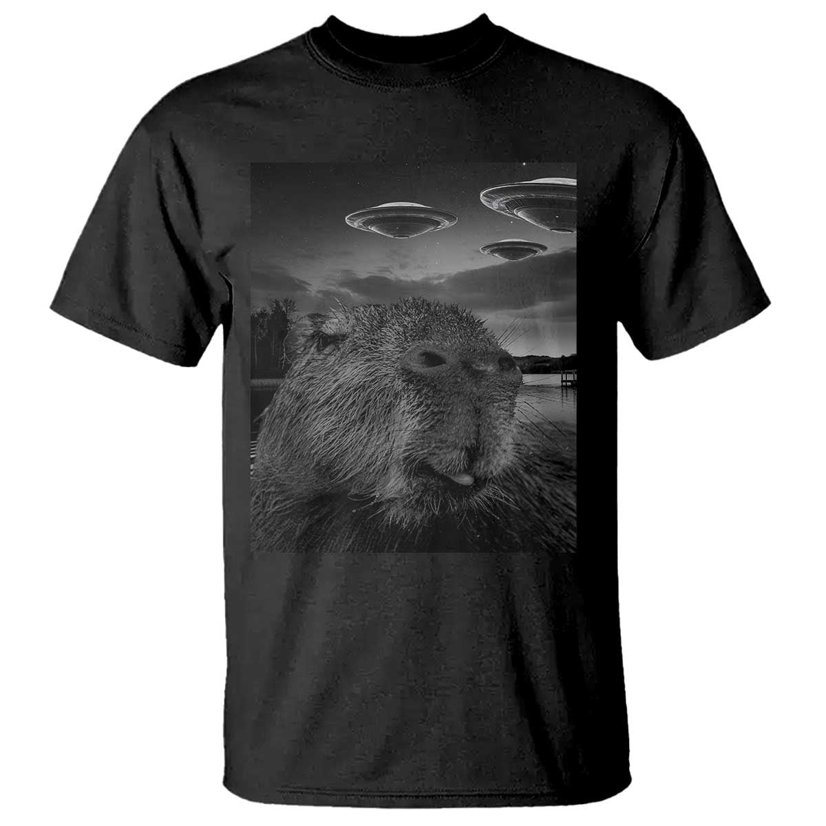 Funny Graphic Capybara Selfie with UFOs Weird T Shirt - Wonder Print Shop