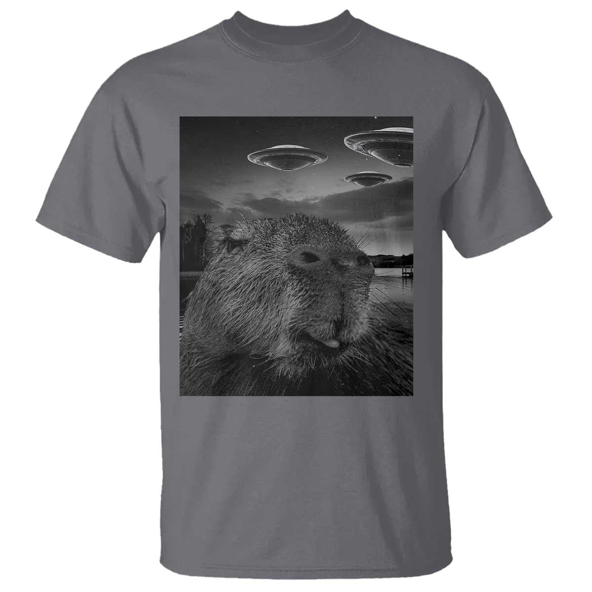 Funny Graphic Capybara Selfie with UFOs Weird T Shirt - Wonder Print Shop