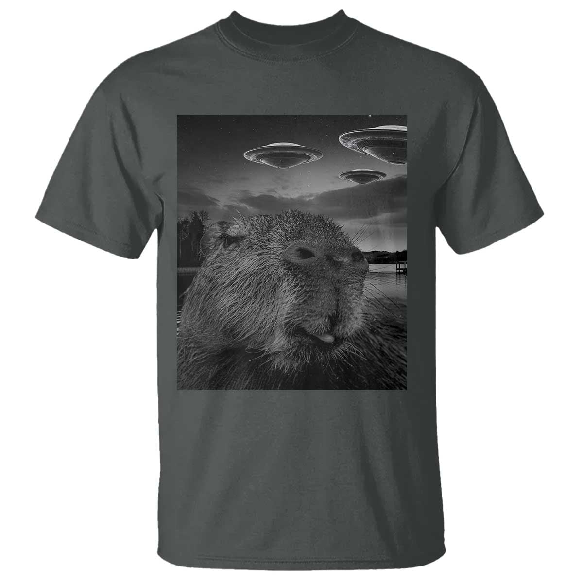Funny Graphic Capybara Selfie with UFOs Weird T Shirt - Wonder Print Shop