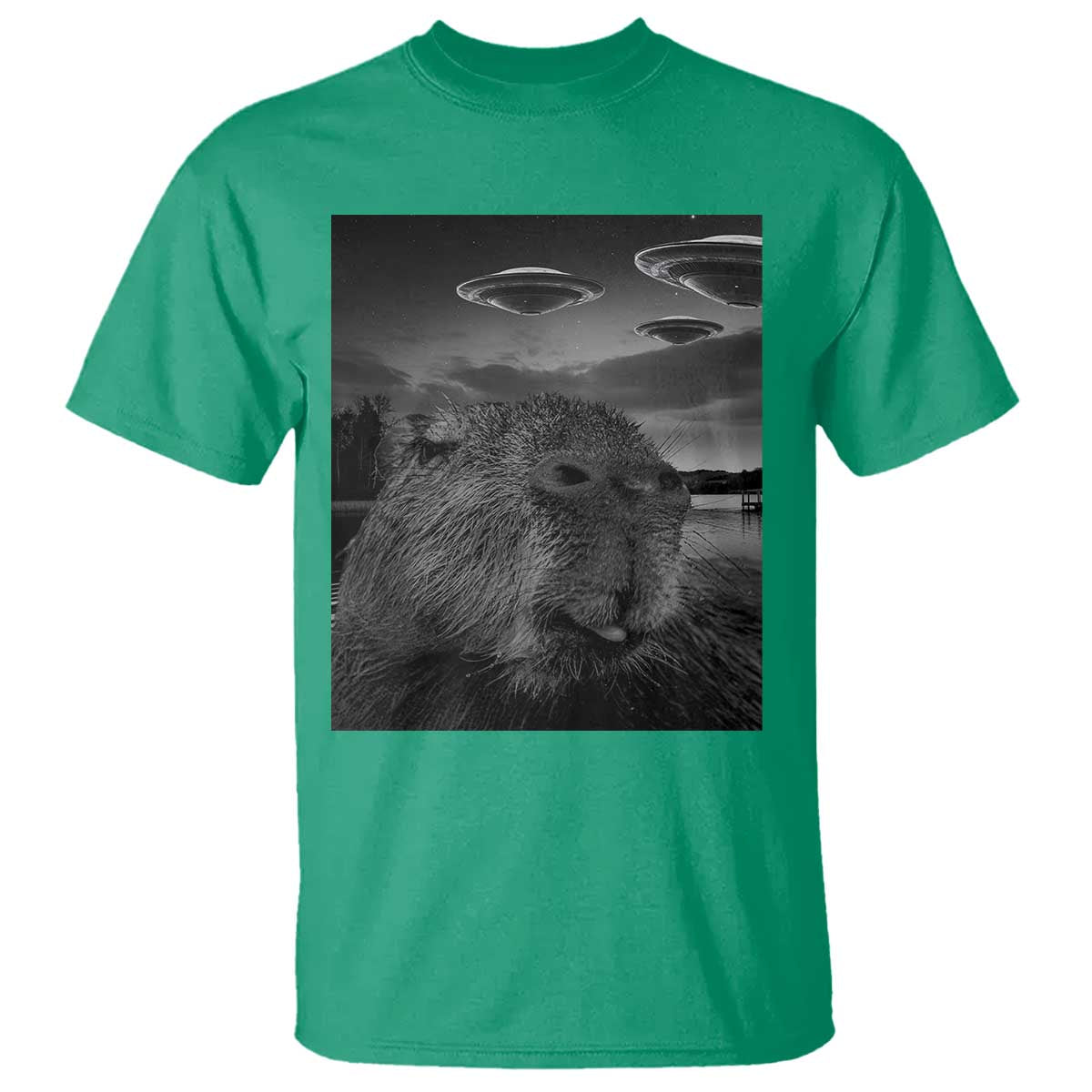 Funny Graphic Capybara Selfie with UFOs Weird T Shirt - Wonder Print Shop