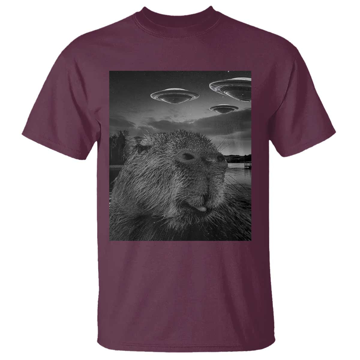 Funny Graphic Capybara Selfie with UFOs Weird T Shirt - Wonder Print Shop