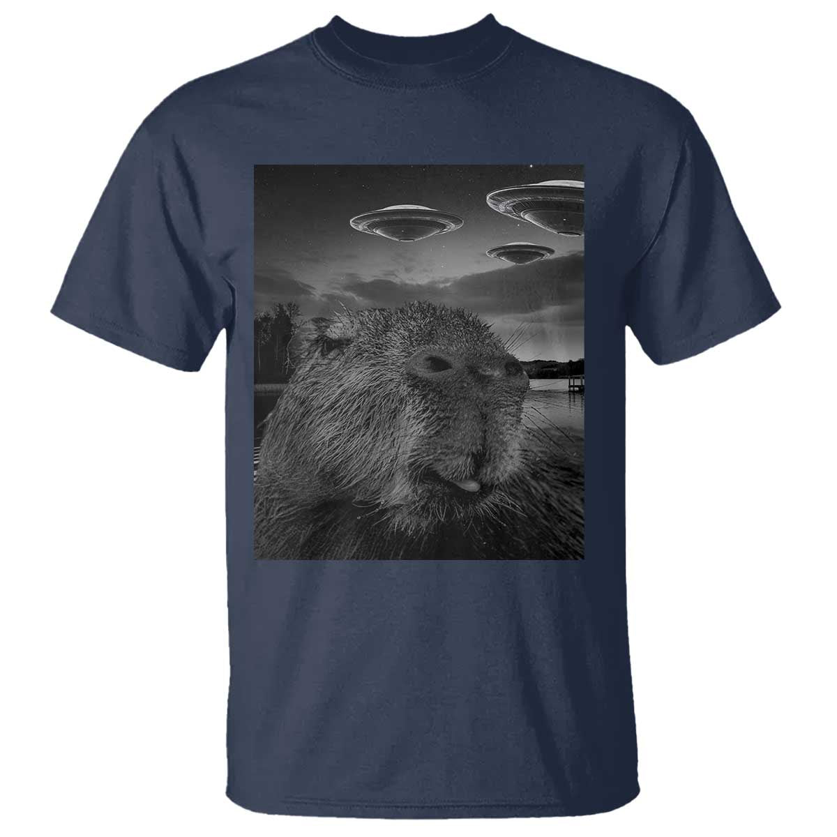 Funny Graphic Capybara Selfie with UFOs Weird T Shirt - Wonder Print Shop