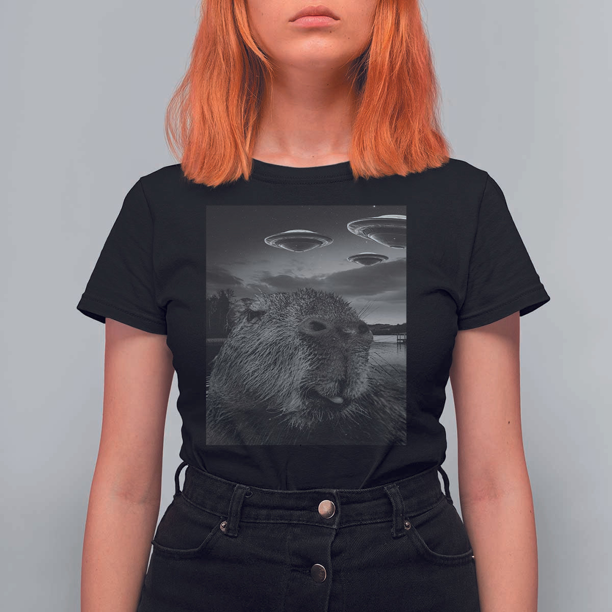 Funny Graphic Capybara Selfie with UFOs Weird T Shirt For Women - Wonder Print Shop