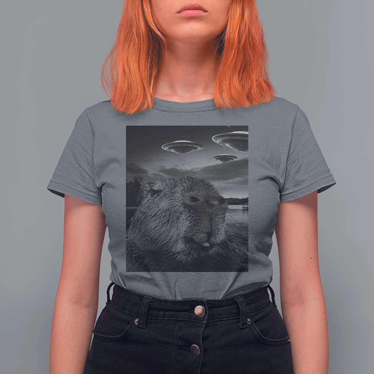 Funny Graphic Capybara Selfie with UFOs Weird T Shirt For Women - Wonder Print Shop