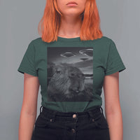 Funny Graphic Capybara Selfie with UFOs Weird T Shirt For Women - Wonder Print Shop