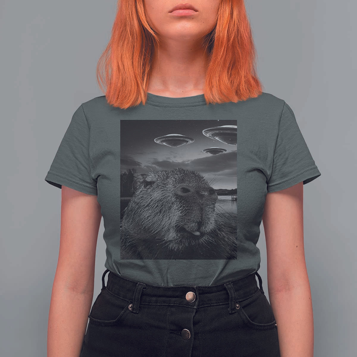 Funny Graphic Capybara Selfie with UFOs Weird T Shirt For Women - Wonder Print Shop