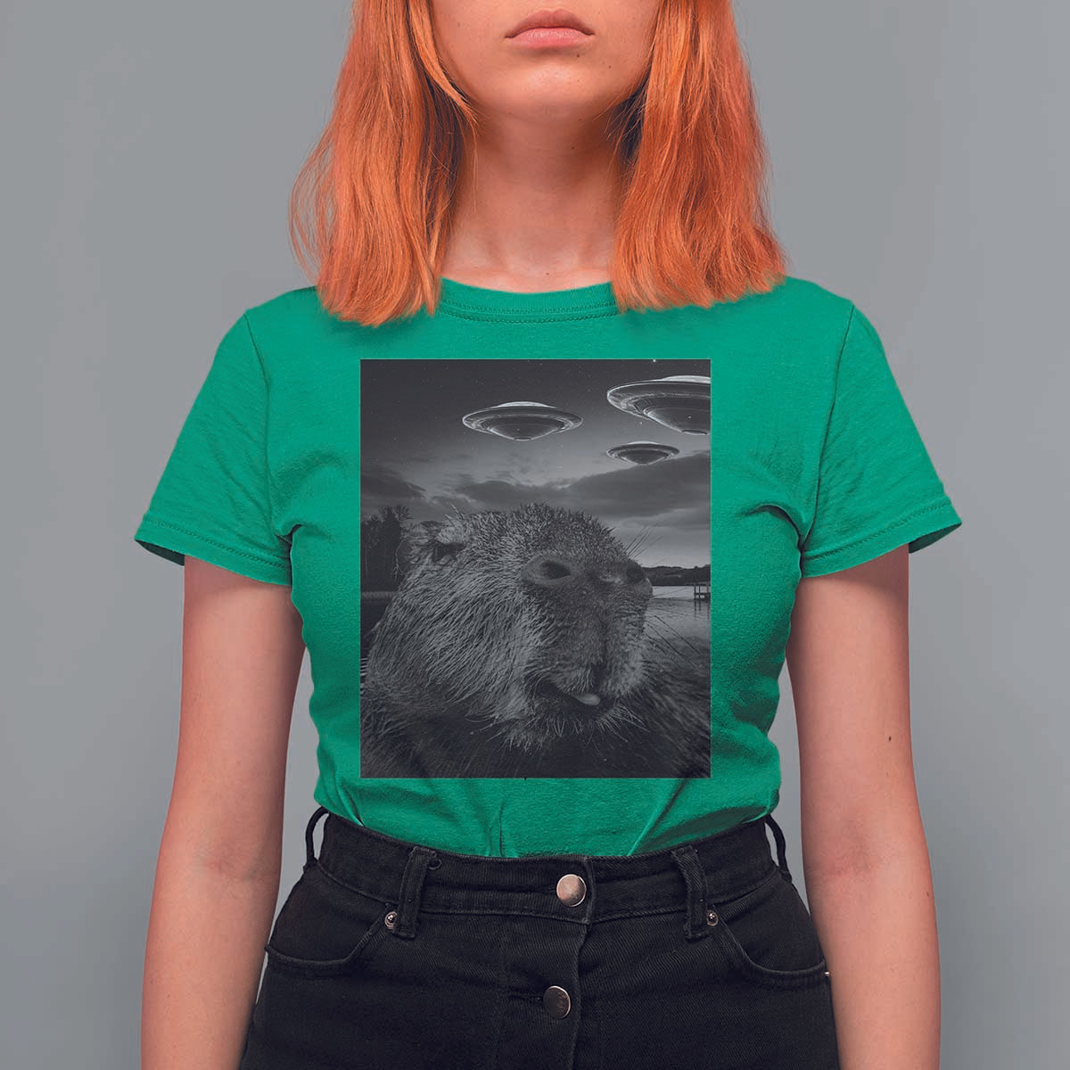 Funny Graphic Capybara Selfie with UFOs Weird T Shirt For Women - Wonder Print Shop