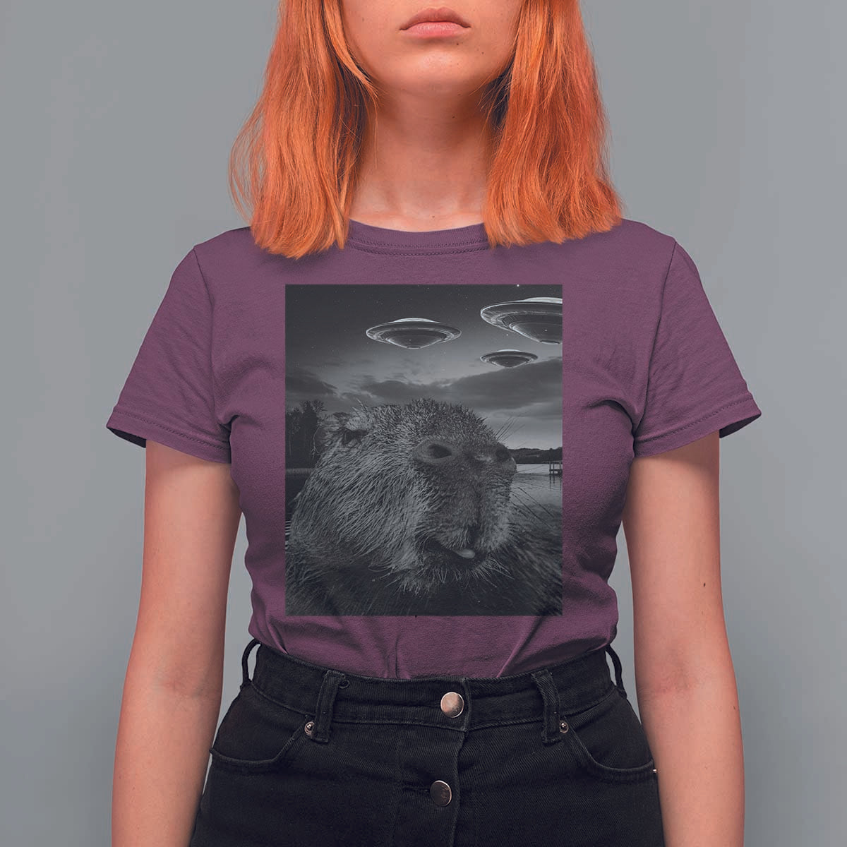Funny Graphic Capybara Selfie with UFOs Weird T Shirt For Women - Wonder Print Shop