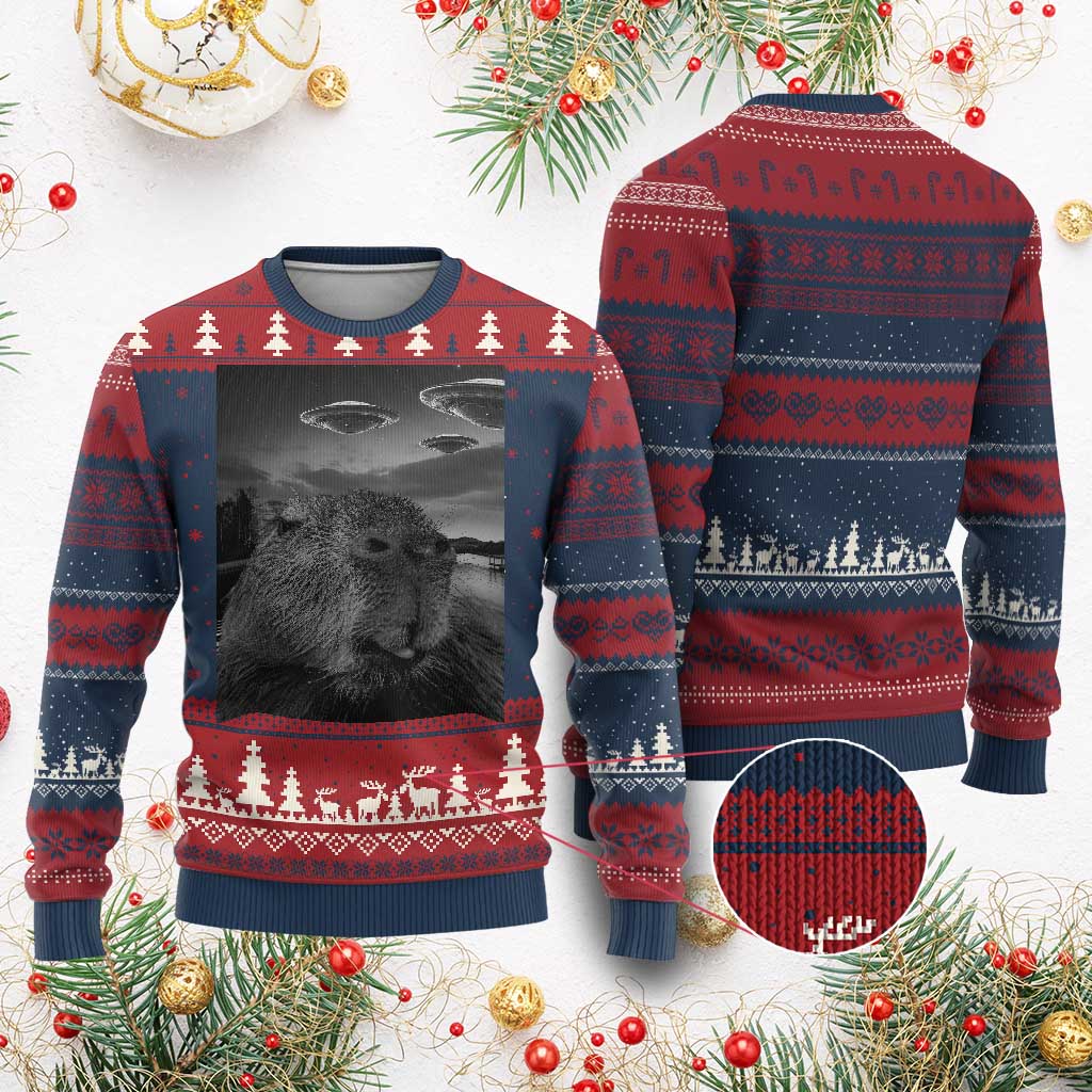 Funny Graphic Capybara Selfie with UFOs Weird Ugly Christmas Sweater - Wonder Print Shop