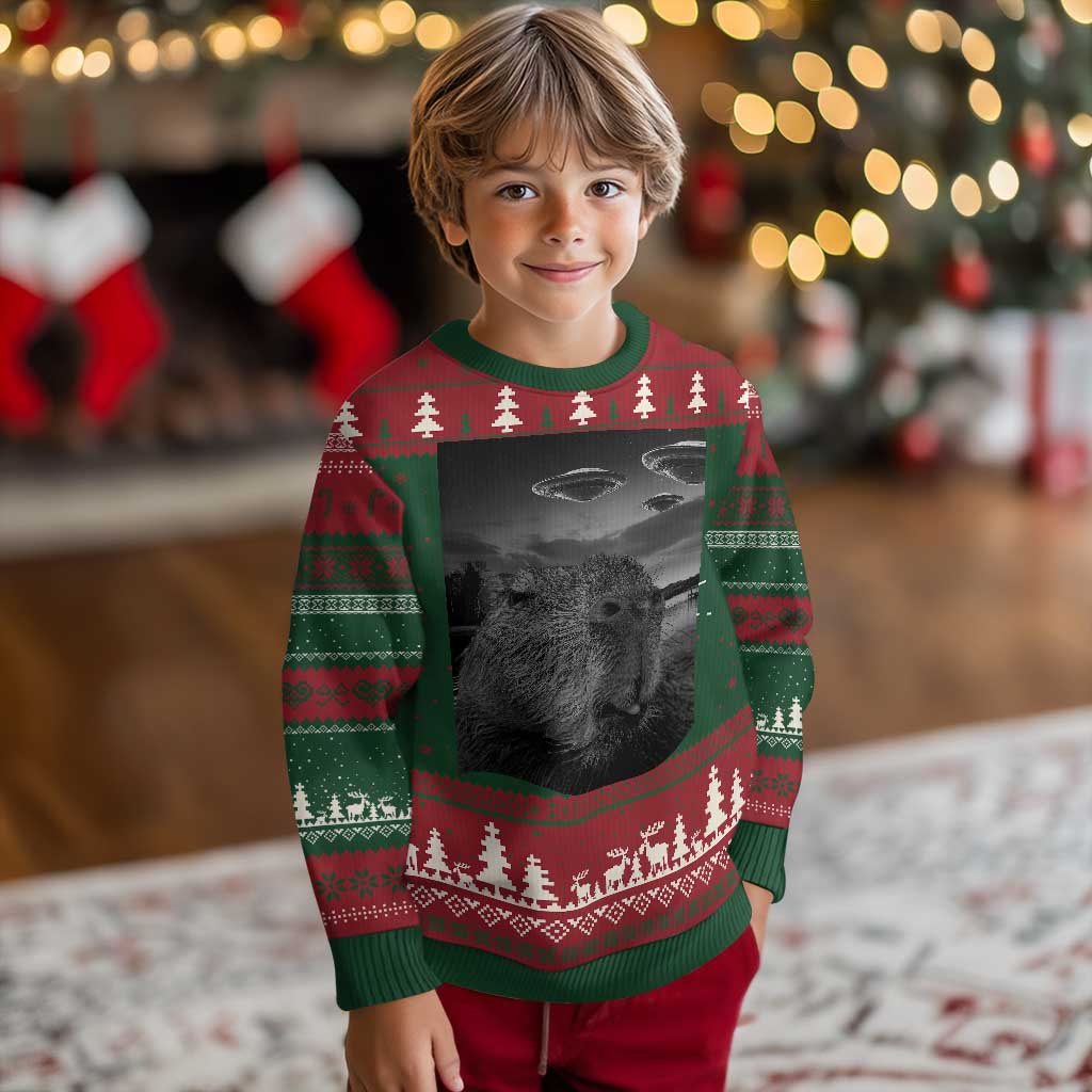Funny Graphic Capybara Selfie with UFOs Weird Ugly Christmas Sweater - Wonder Print Shop