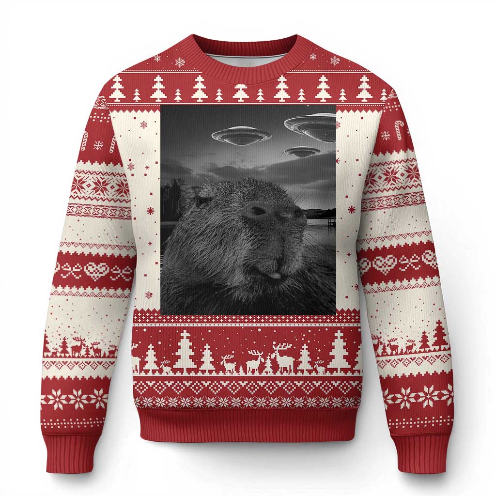 Funny Graphic Capybara Selfie with UFOs Weird Ugly Christmas Sweater - Wonder Print Shop