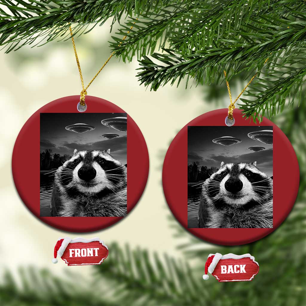 Funny Graphic Racoon Selfie with UFOs Weird Christmas Ornament - Wonder Print Shop