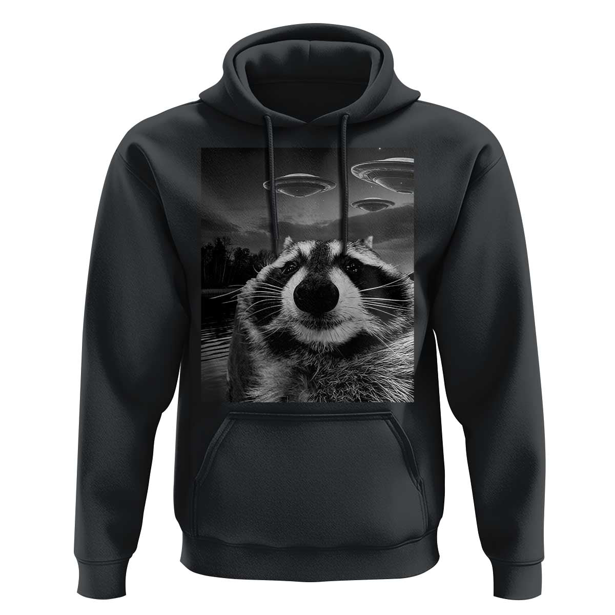 Funny Graphic Racoon Selfie with UFOs Weird Hoodie Funny Graphic Racoon Selfie with UFOs Weird