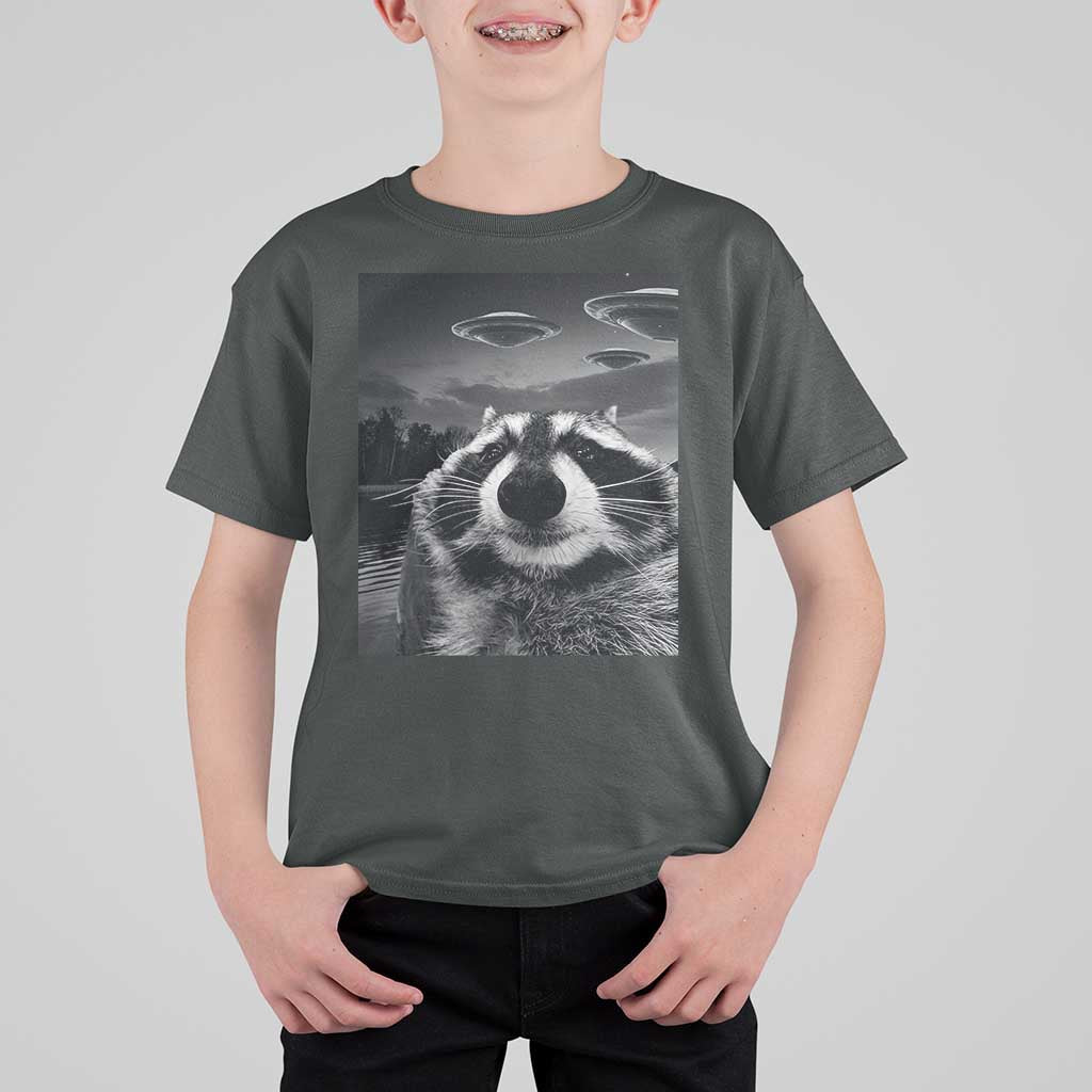 Funny Graphic Racoon Selfie with UFOs Weird T Shirt For Kid - Wonder Print Shop