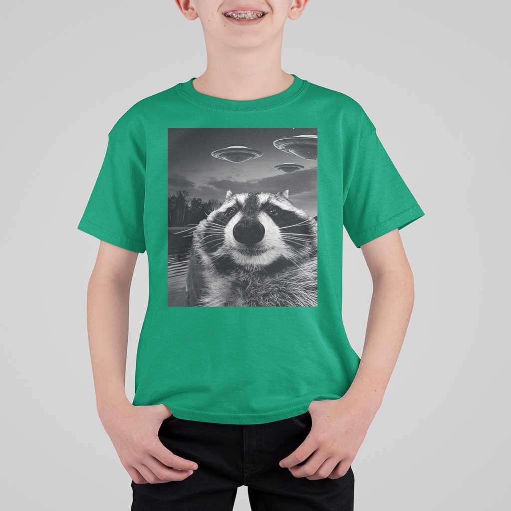 Funny Graphic Racoon Selfie with UFOs Weird T Shirt For Kid - Wonder Print Shop