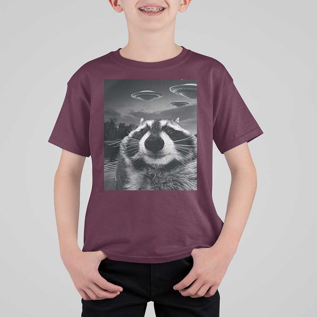 Funny Graphic Racoon Selfie with UFOs Weird T Shirt For Kid - Wonder Print Shop