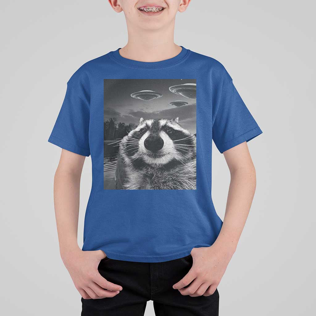 Funny Graphic Racoon Selfie with UFOs Weird T Shirt For Kid - Wonder Print Shop
