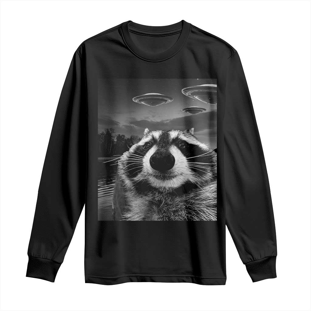 Funny Graphic Racoon Selfie with UFOs Weird Long Sleeve Shirt