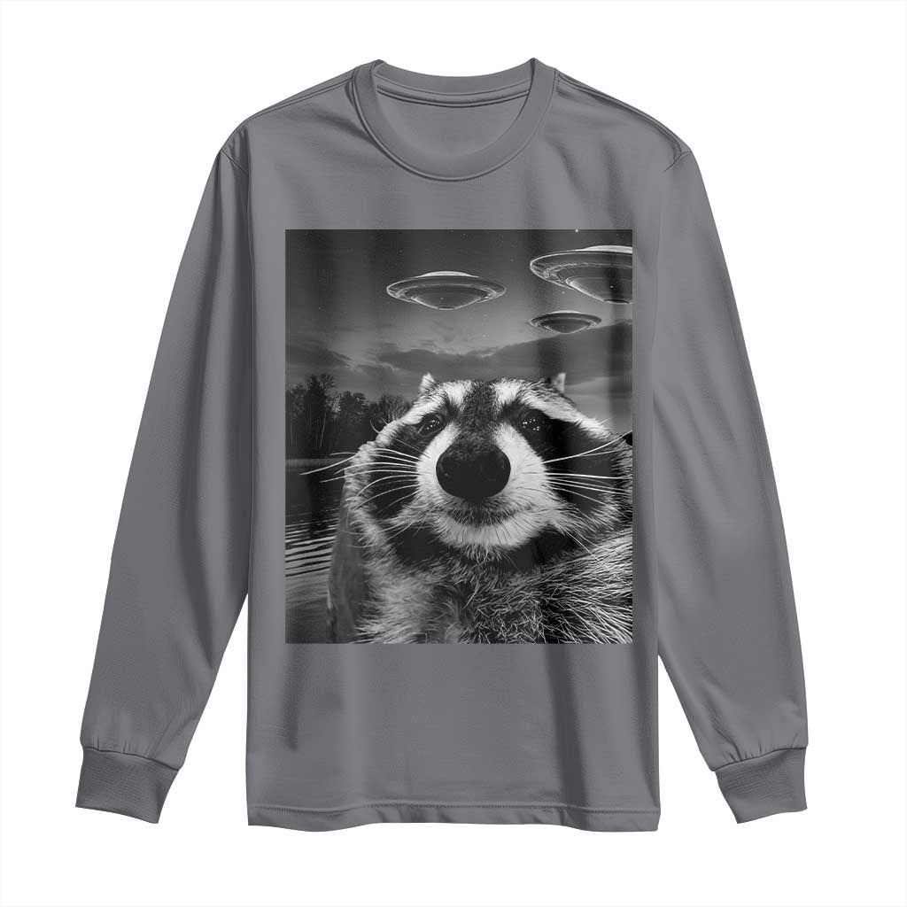 Funny Graphic Racoon Selfie with UFOs Weird Long Sleeve Shirt