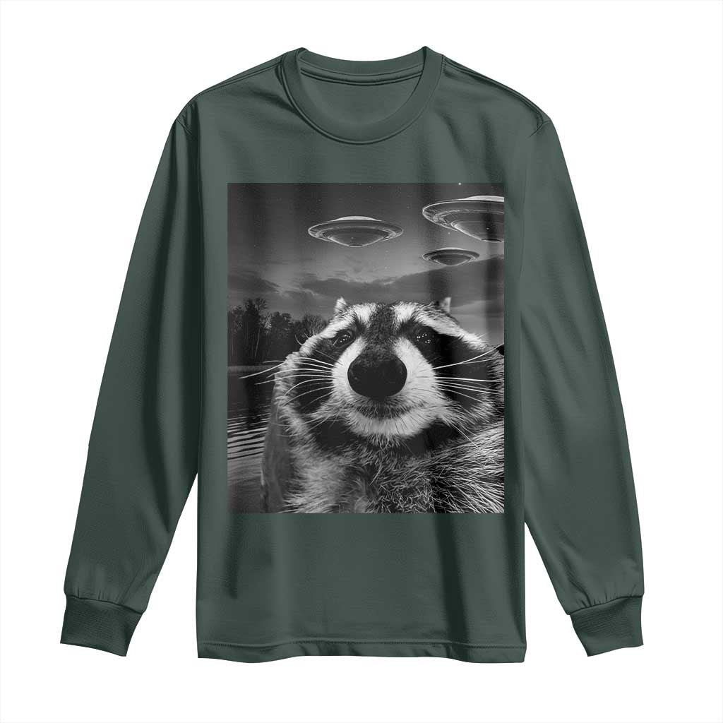 Funny Graphic Racoon Selfie with UFOs Weird Long Sleeve Shirt