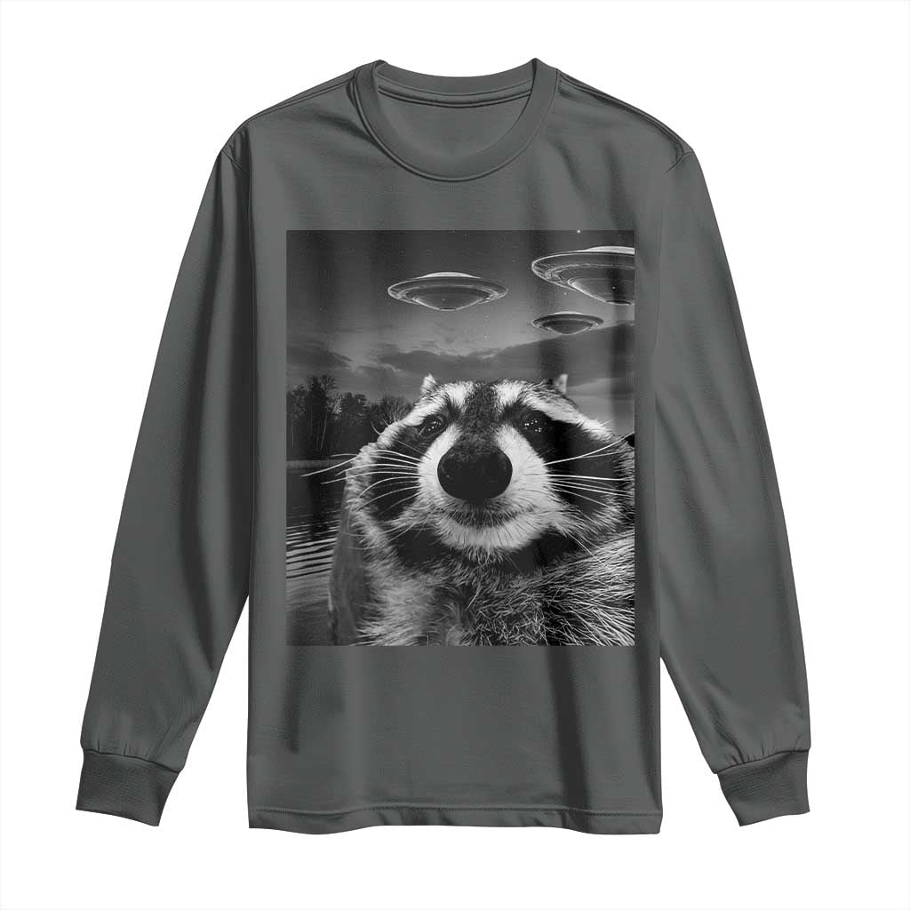 Funny Graphic Racoon Selfie with UFOs Weird Long Sleeve Shirt