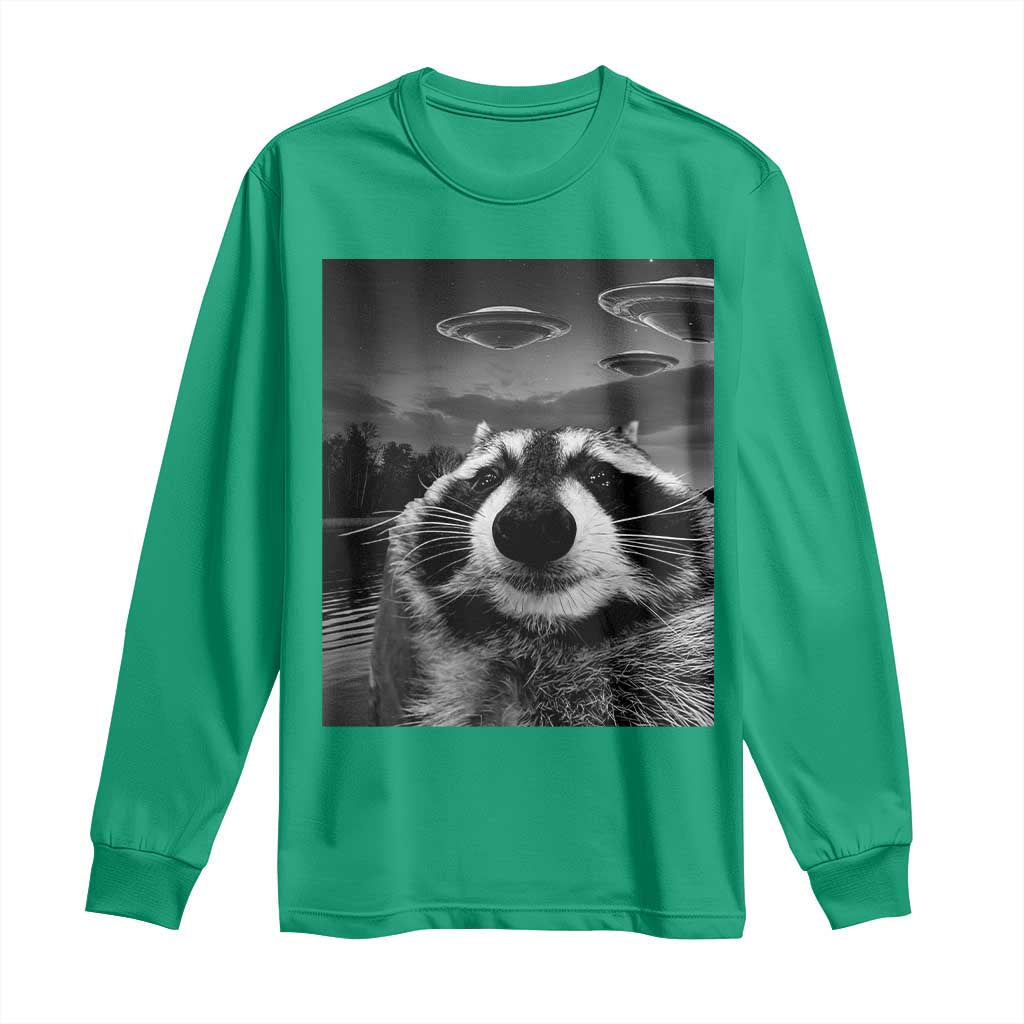 Funny Graphic Racoon Selfie with UFOs Weird Long Sleeve Shirt