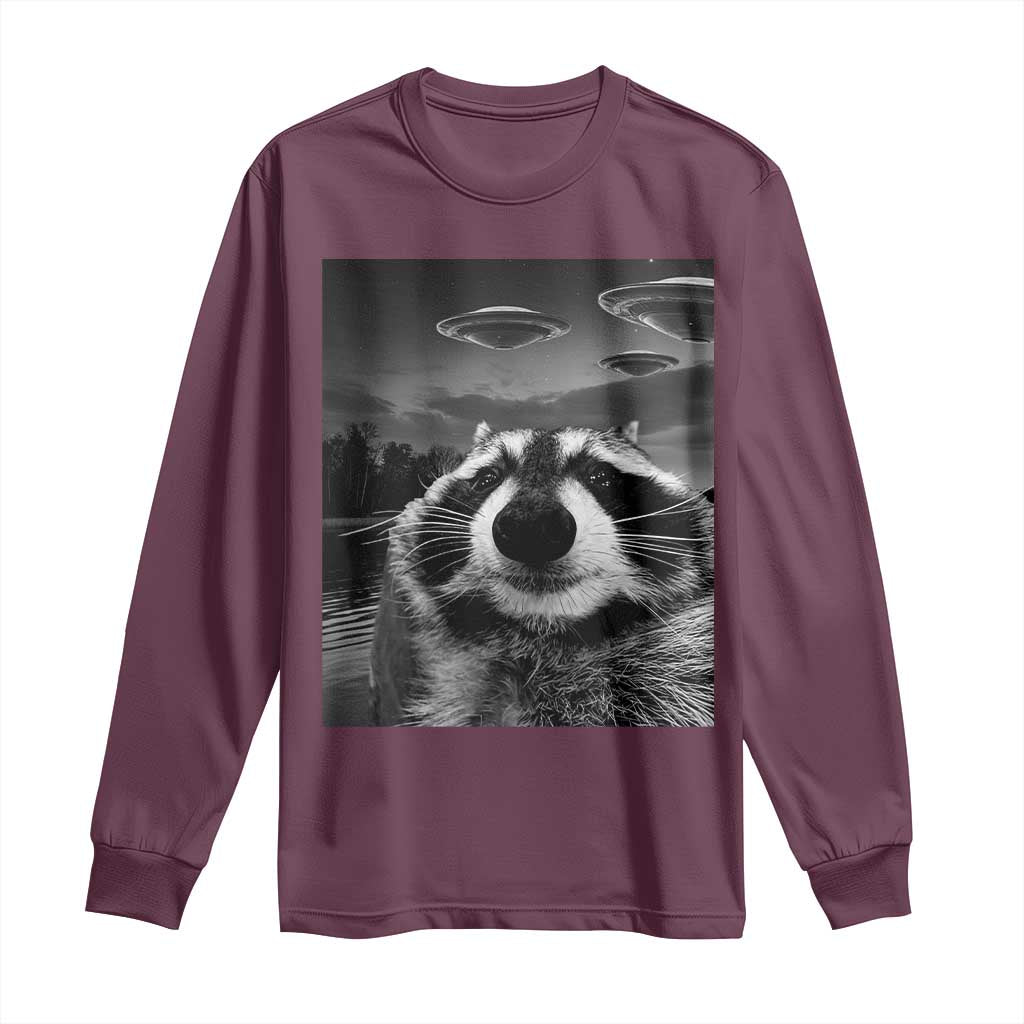 Funny Graphic Racoon Selfie with UFOs Weird Long Sleeve Shirt