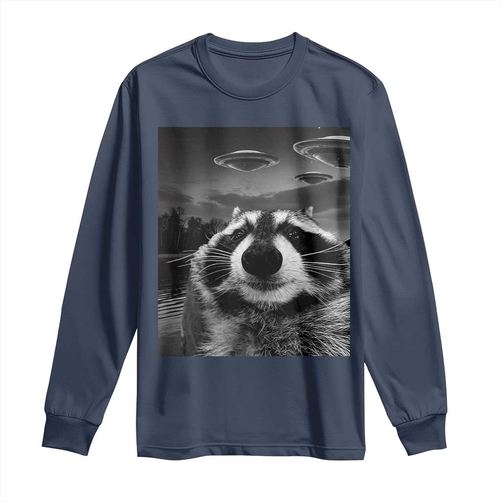 Funny Graphic Racoon Selfie with UFOs Weird Long Sleeve Shirt