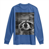 Funny Graphic Racoon Selfie with UFOs Weird Long Sleeve Shirt