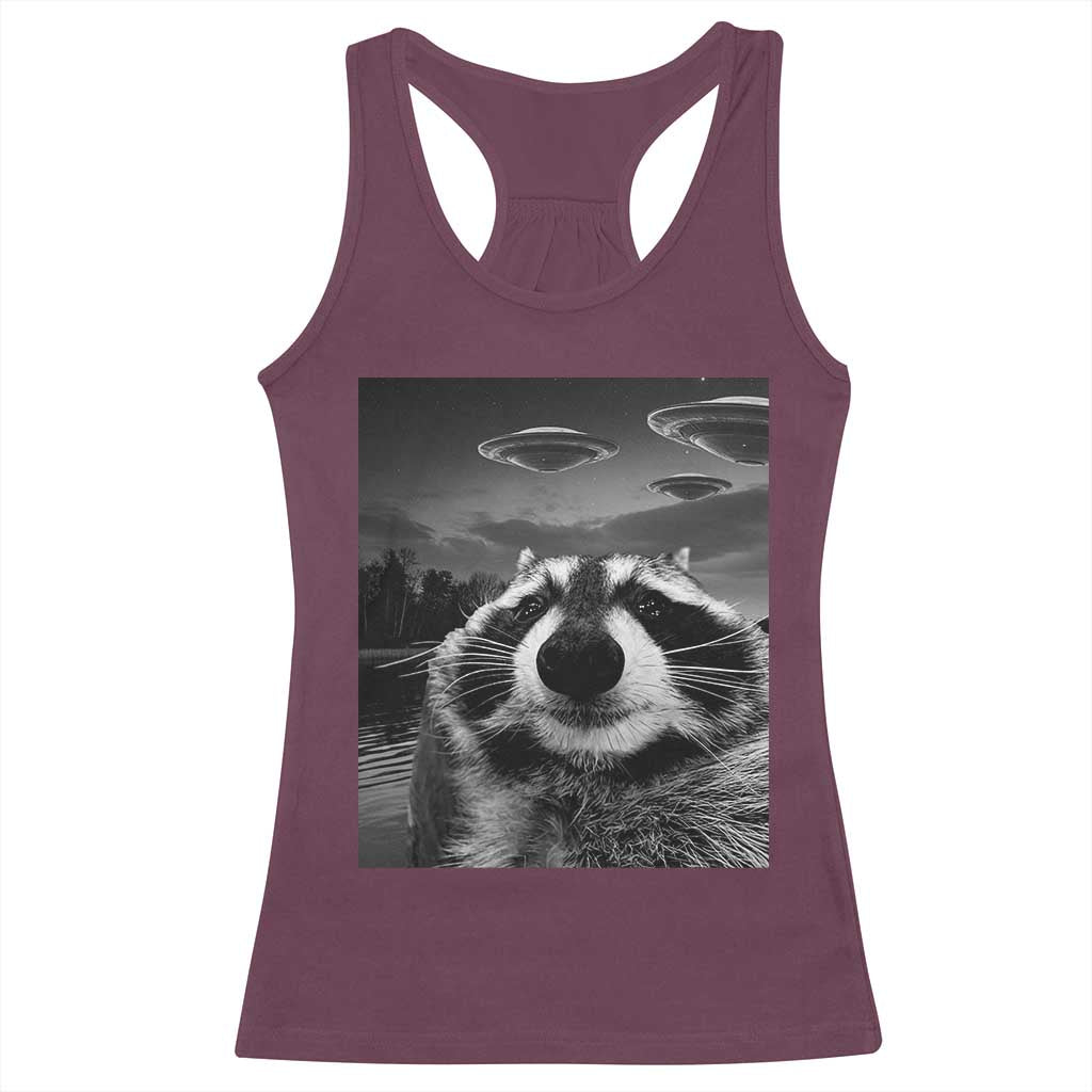 Funny Graphic Racoon Selfie with UFOs Weird Racerback Tank Top