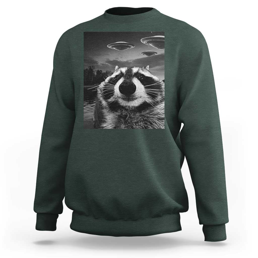 Funny Graphic Racoon Selfie with UFOs Weird Sweatshirt - Wonder Print Shop