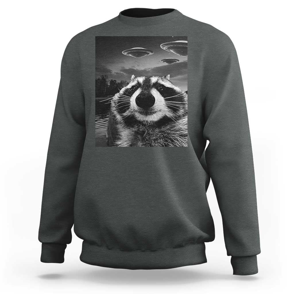 Funny Graphic Racoon Selfie with UFOs Weird Sweatshirt - Wonder Print Shop