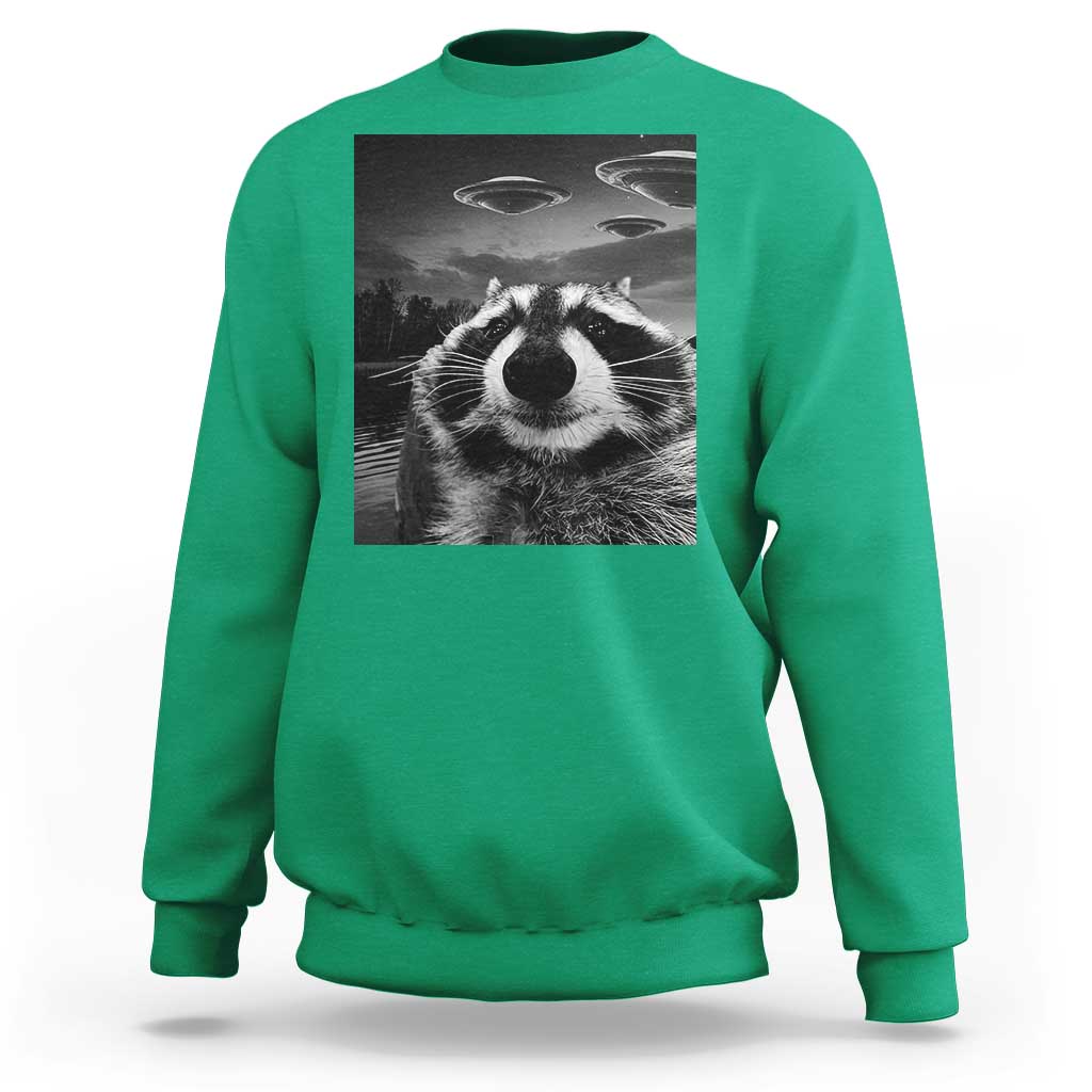 Funny Graphic Racoon Selfie with UFOs Weird Sweatshirt - Wonder Print Shop