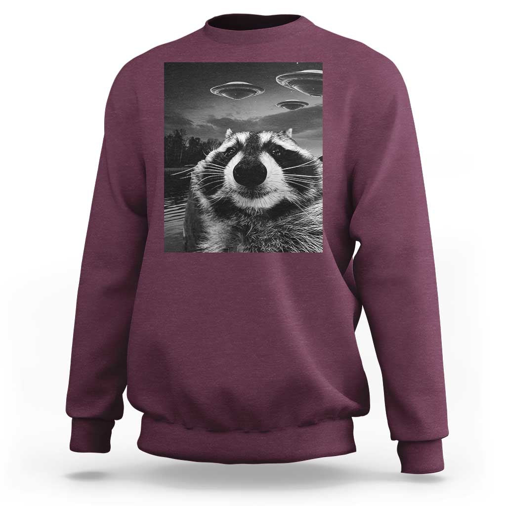 Funny Graphic Racoon Selfie with UFOs Weird Sweatshirt - Wonder Print Shop