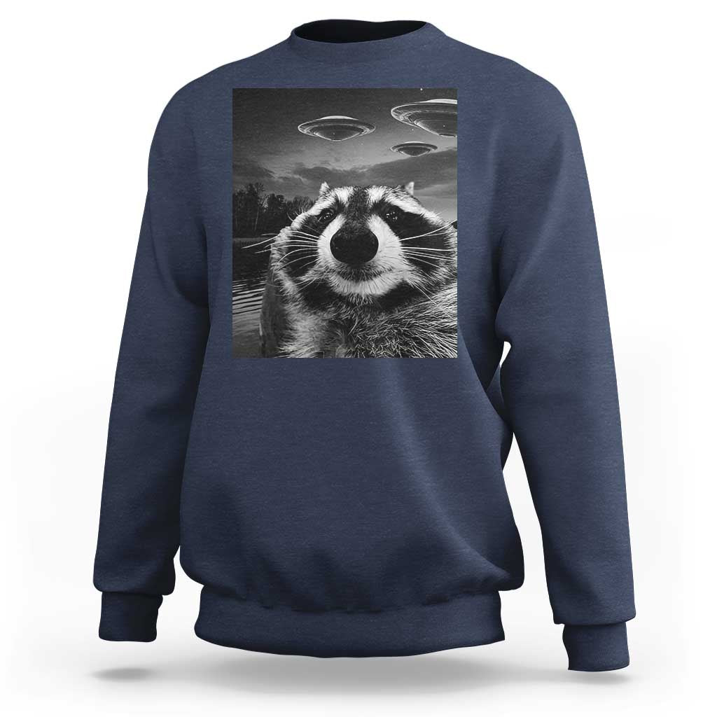 Funny Graphic Racoon Selfie with UFOs Weird Sweatshirt - Wonder Print Shop