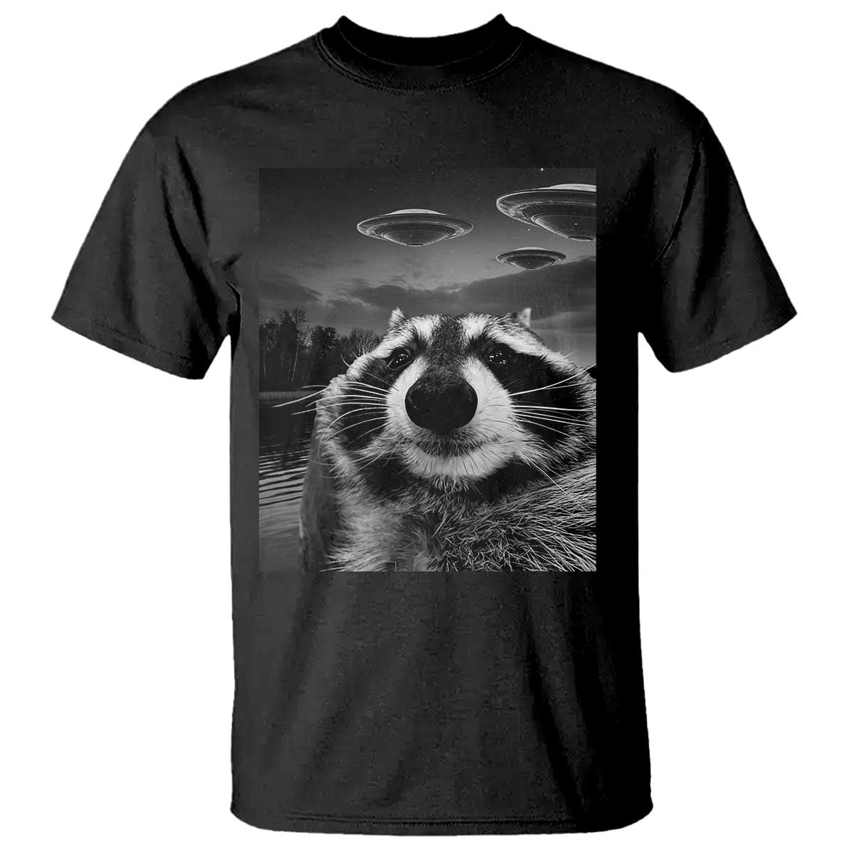 Funny Graphic Racoon Selfie with UFOs Weird T Shirt - Wonder Print Shop