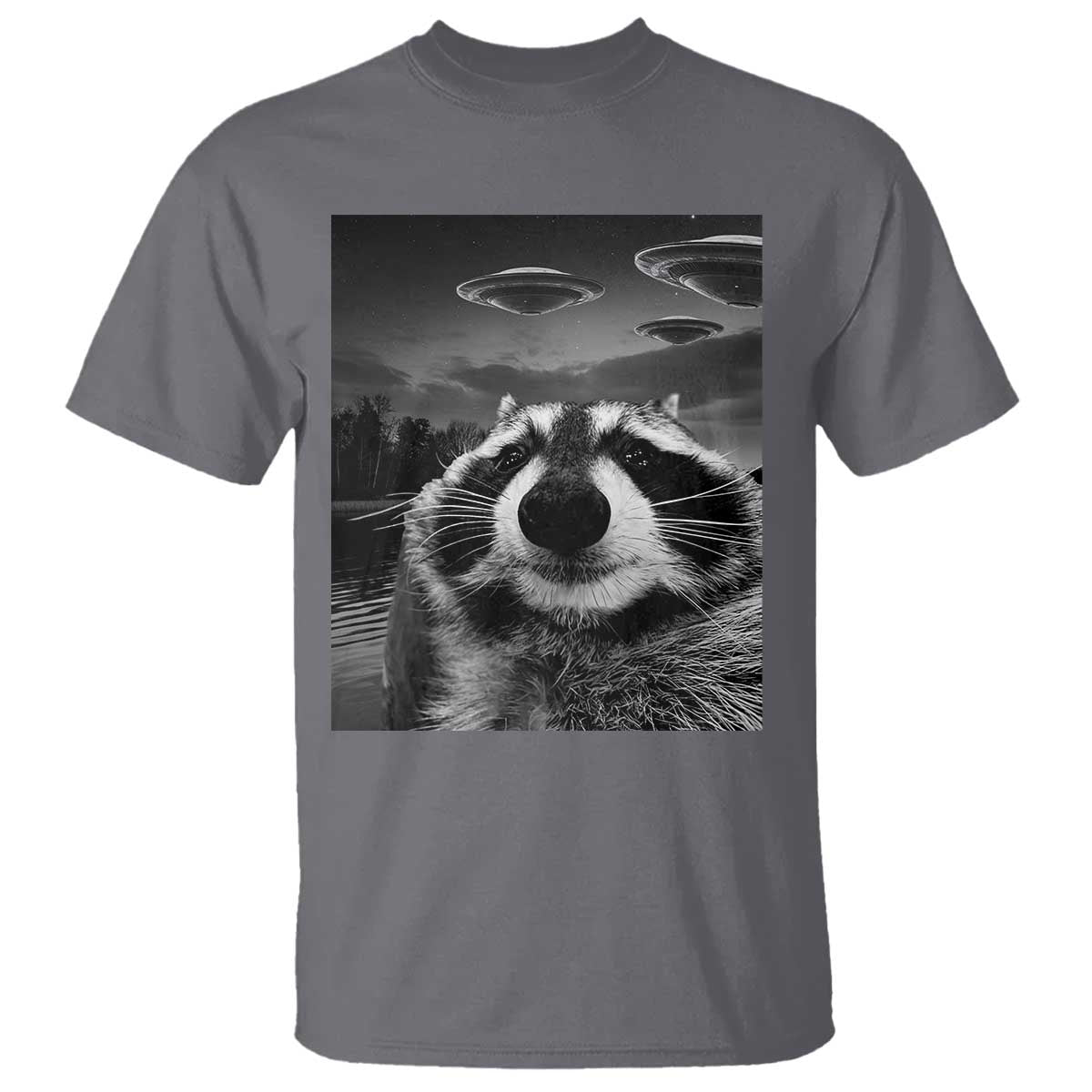 Funny Graphic Racoon Selfie with UFOs Weird T Shirt - Wonder Print Shop