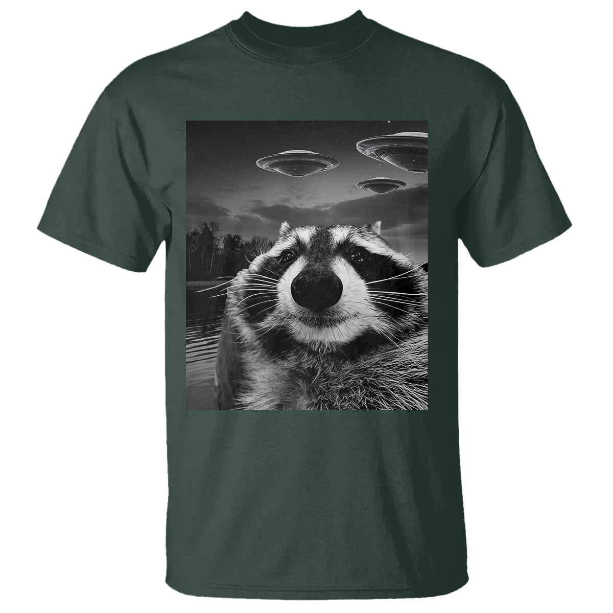 Funny Graphic Racoon Selfie with UFOs Weird T Shirt - Wonder Print Shop