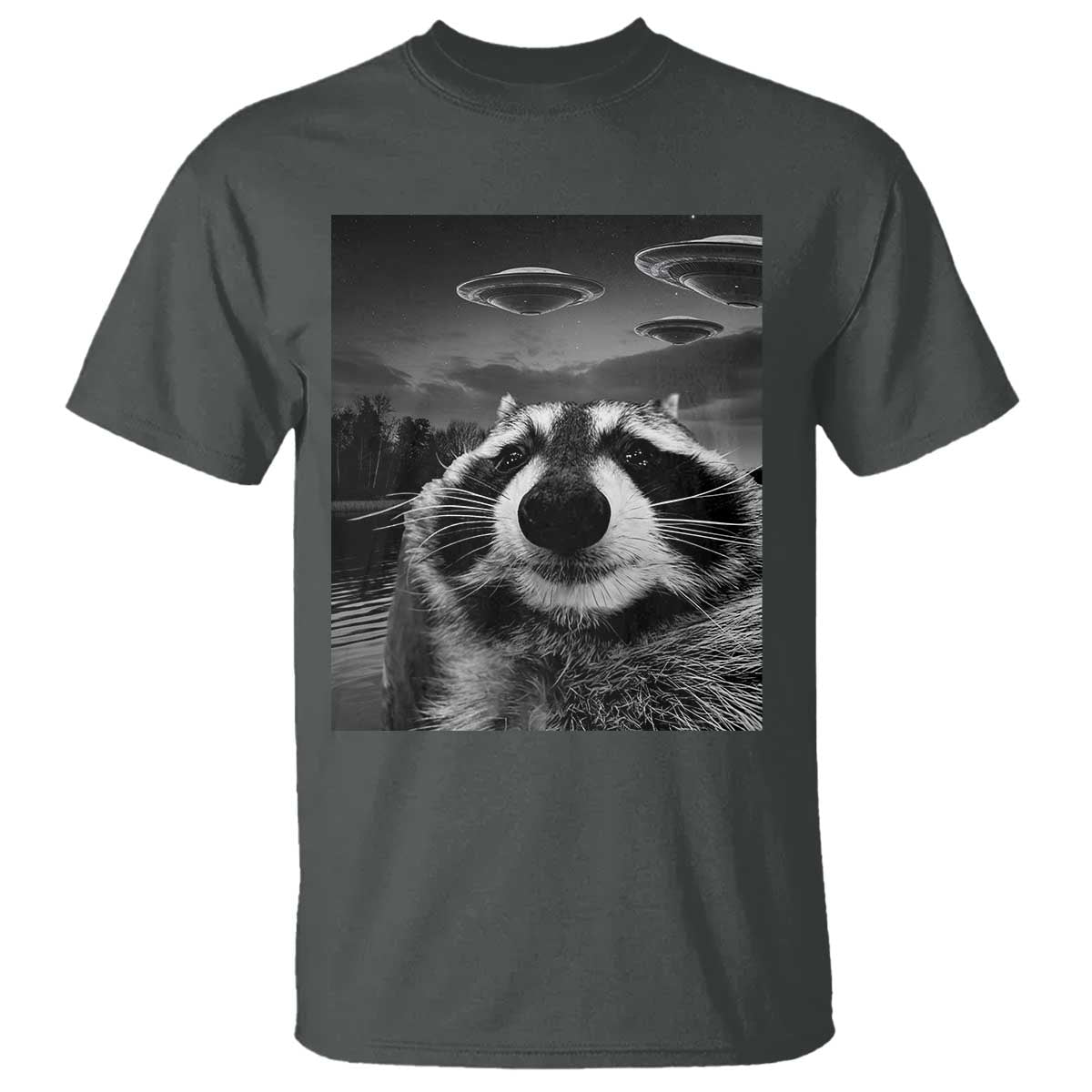 Funny Graphic Racoon Selfie with UFOs Weird T Shirt - Wonder Print Shop