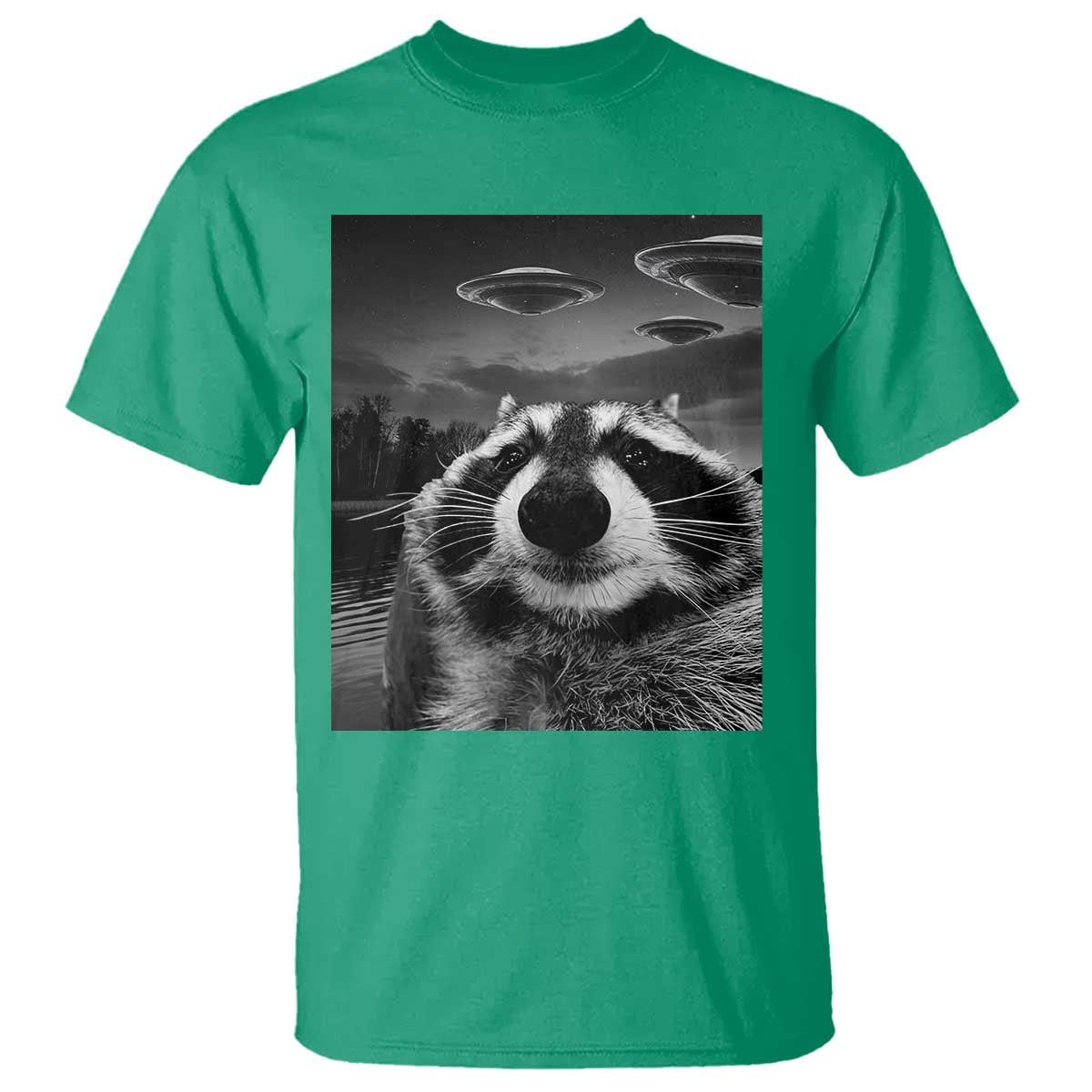 Funny Graphic Racoon Selfie with UFOs Weird T Shirt - Wonder Print Shop