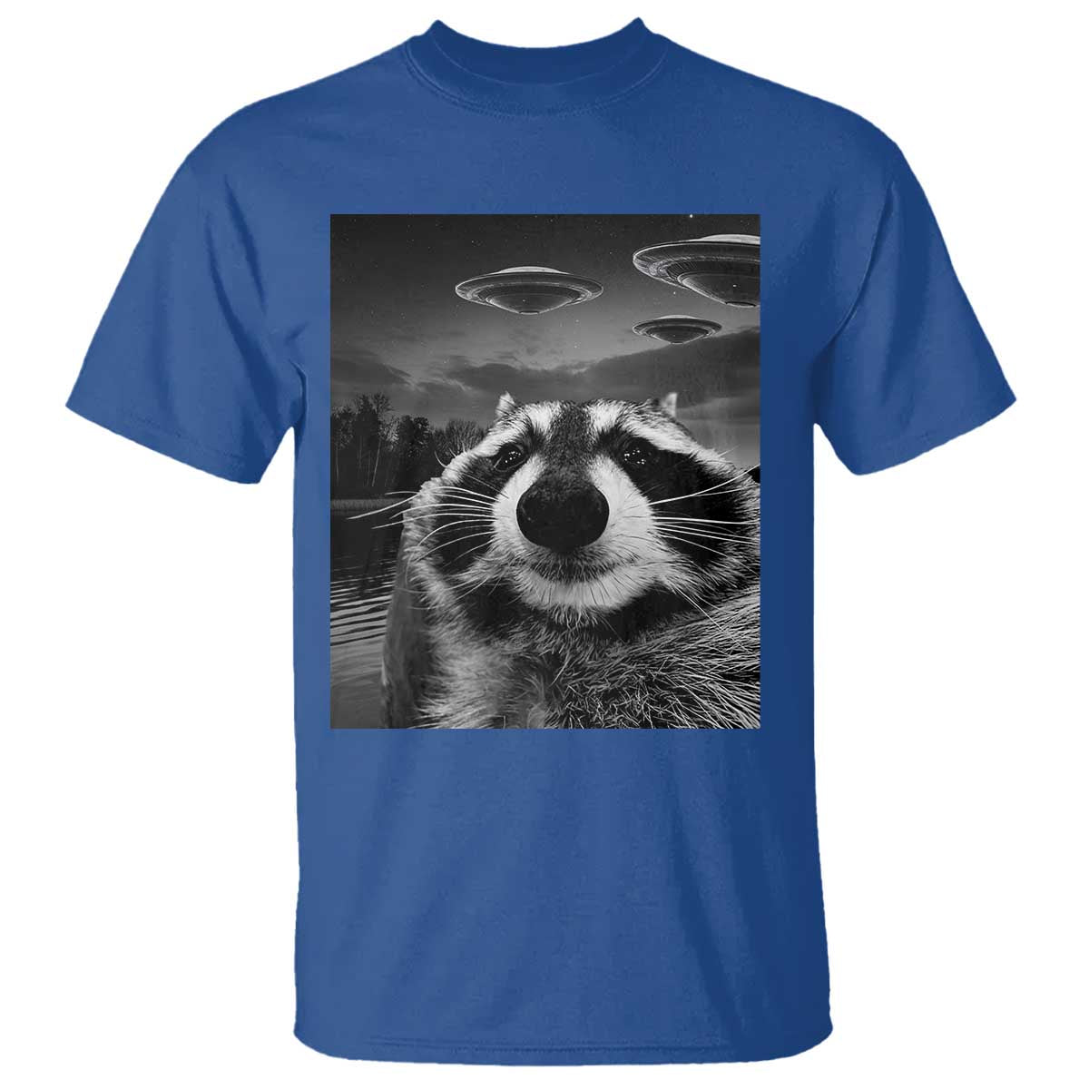 Funny Graphic Racoon Selfie with UFOs Weird T Shirt - Wonder Print Shop