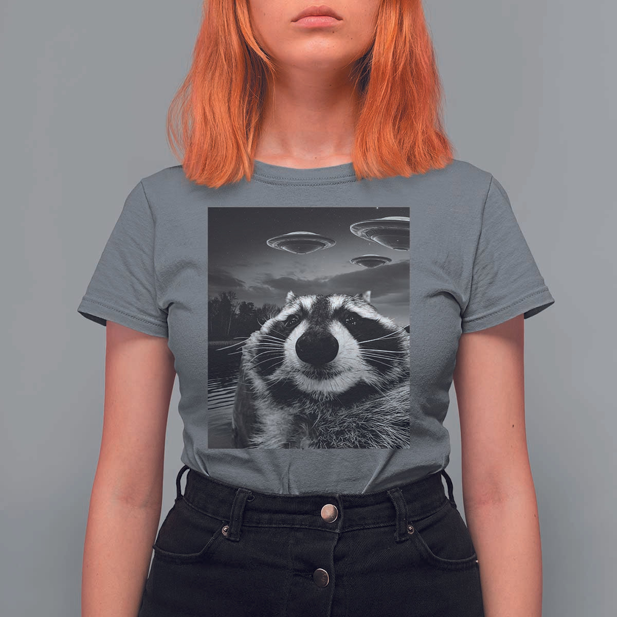 Funny Graphic Racoon Selfie with UFOs Weird T Shirt For Women - Wonder Print Shop