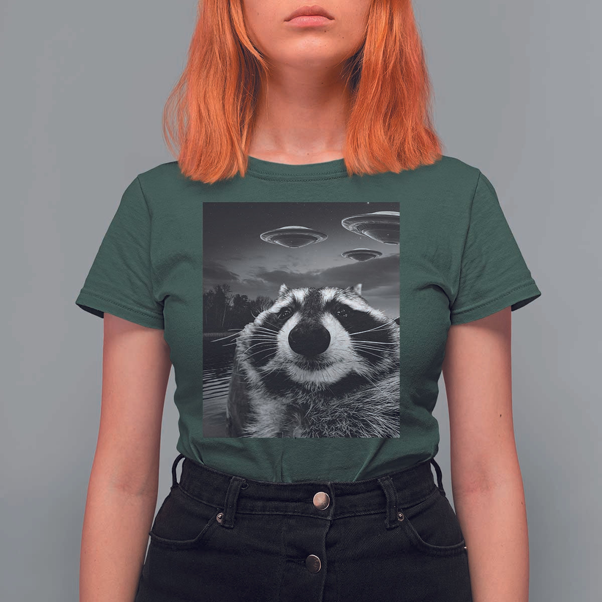 Funny Graphic Racoon Selfie with UFOs Weird T Shirt For Women - Wonder Print Shop