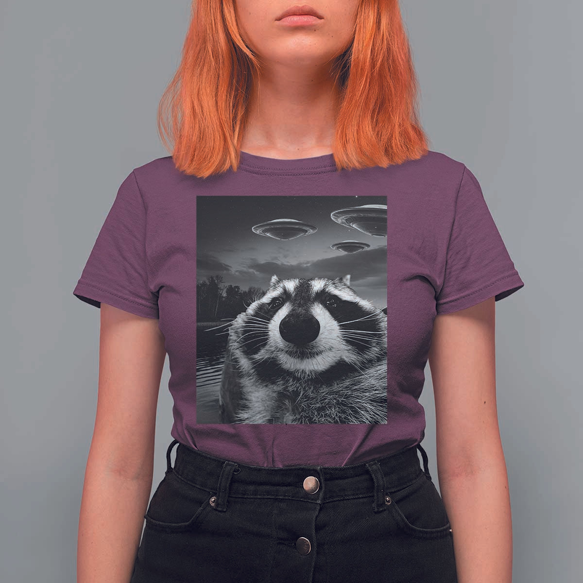 Funny Graphic Racoon Selfie with UFOs Weird T Shirt For Women - Wonder Print Shop