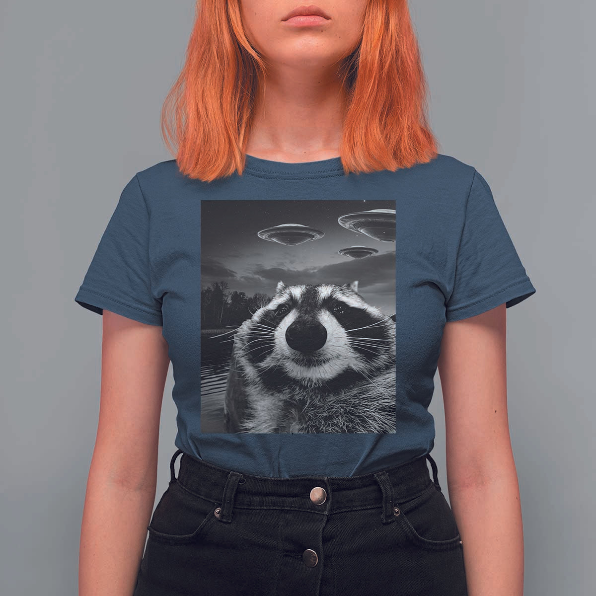 Funny Graphic Racoon Selfie with UFOs Weird T Shirt For Women - Wonder Print Shop
