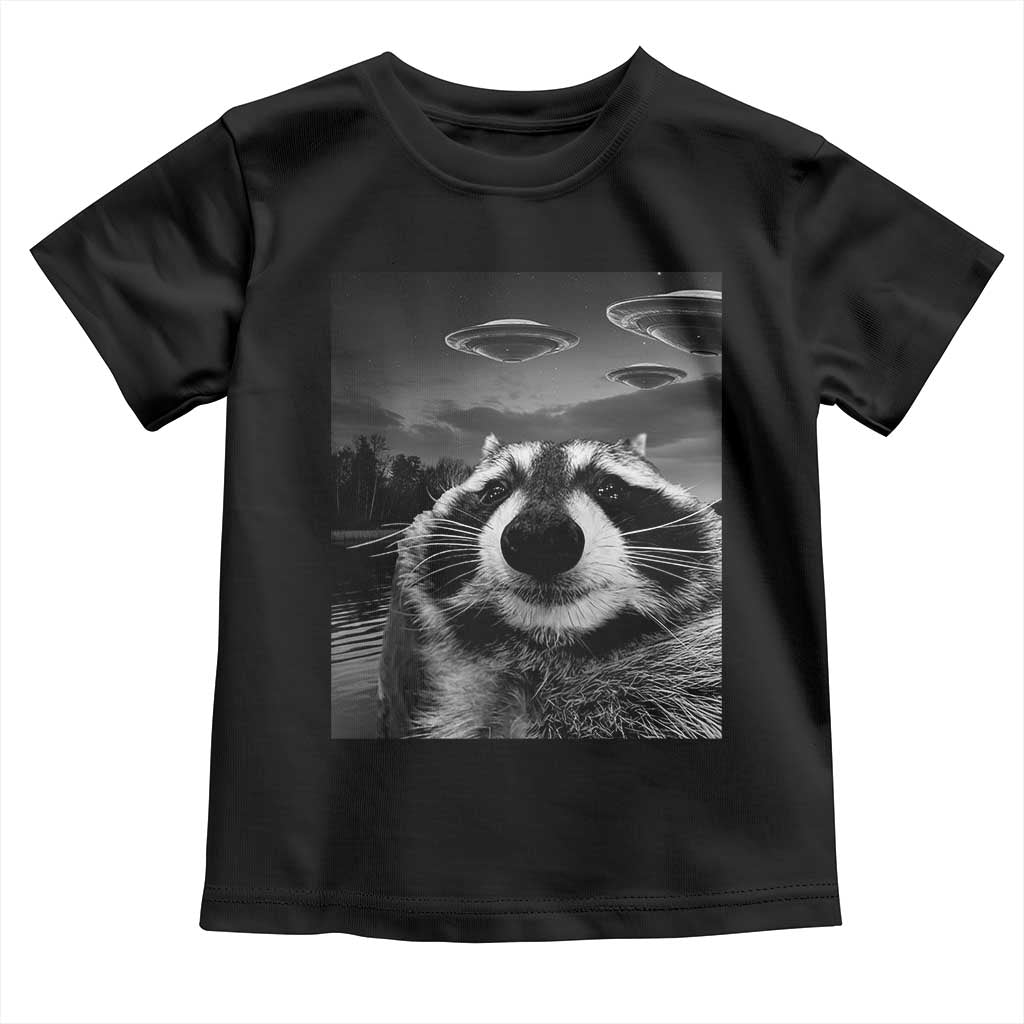 Funny Graphic Racoon Selfie with UFOs Weird Toddler T Shirt