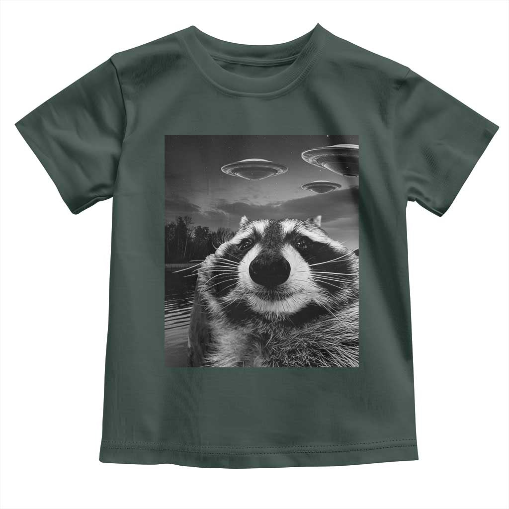 Funny Graphic Racoon Selfie with UFOs Weird Toddler T Shirt
