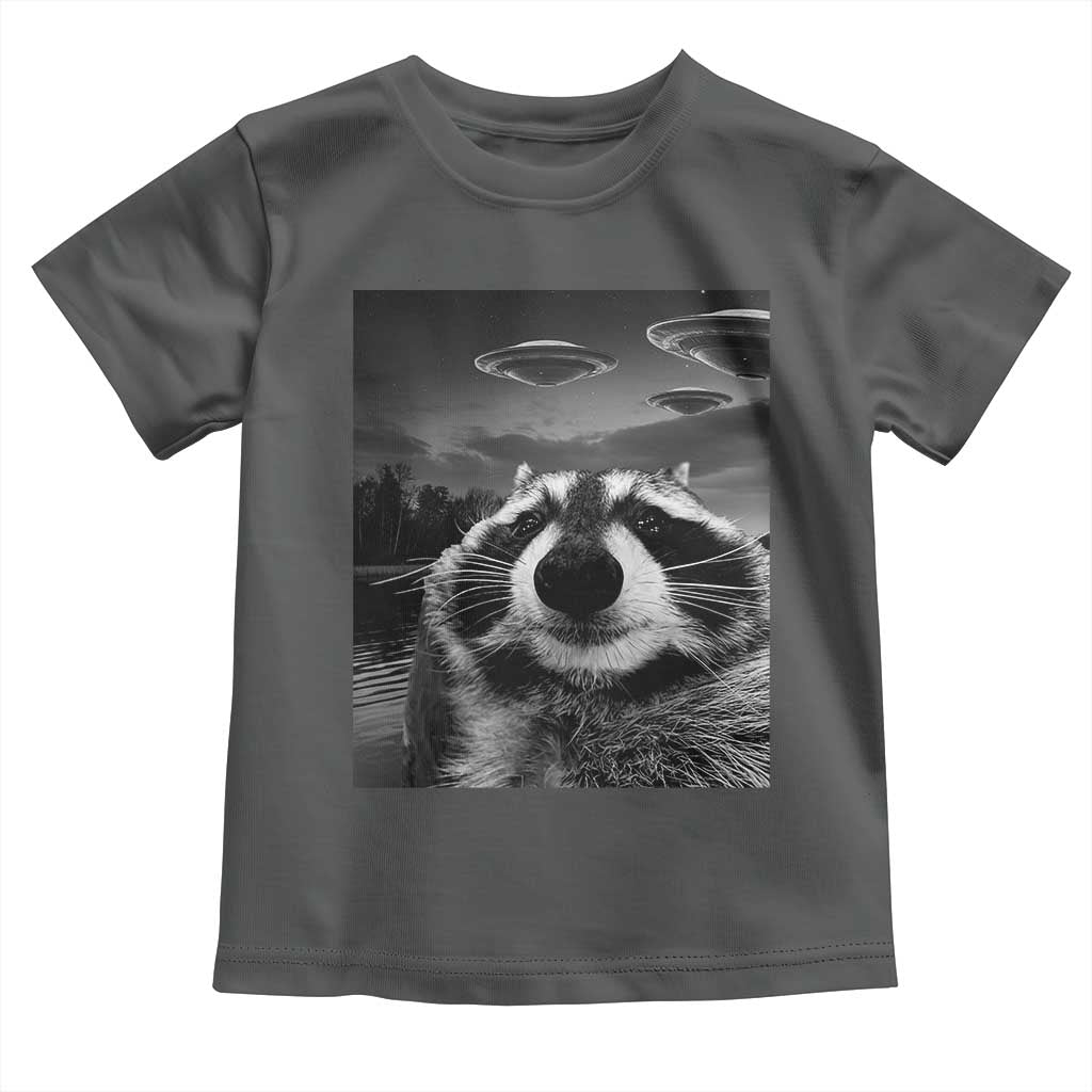 Funny Graphic Racoon Selfie with UFOs Weird Toddler T Shirt